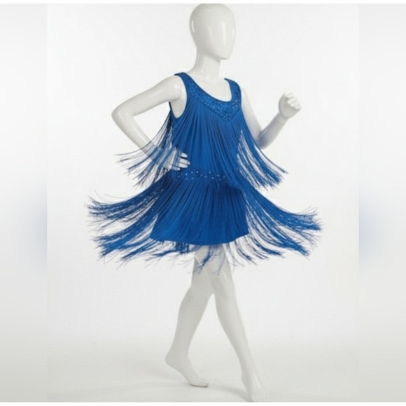 Balera Blue Sequin Fringed Flapper Latin Ballroom Dance Leotard Girls Size 10/12 - Picture 1 of 10